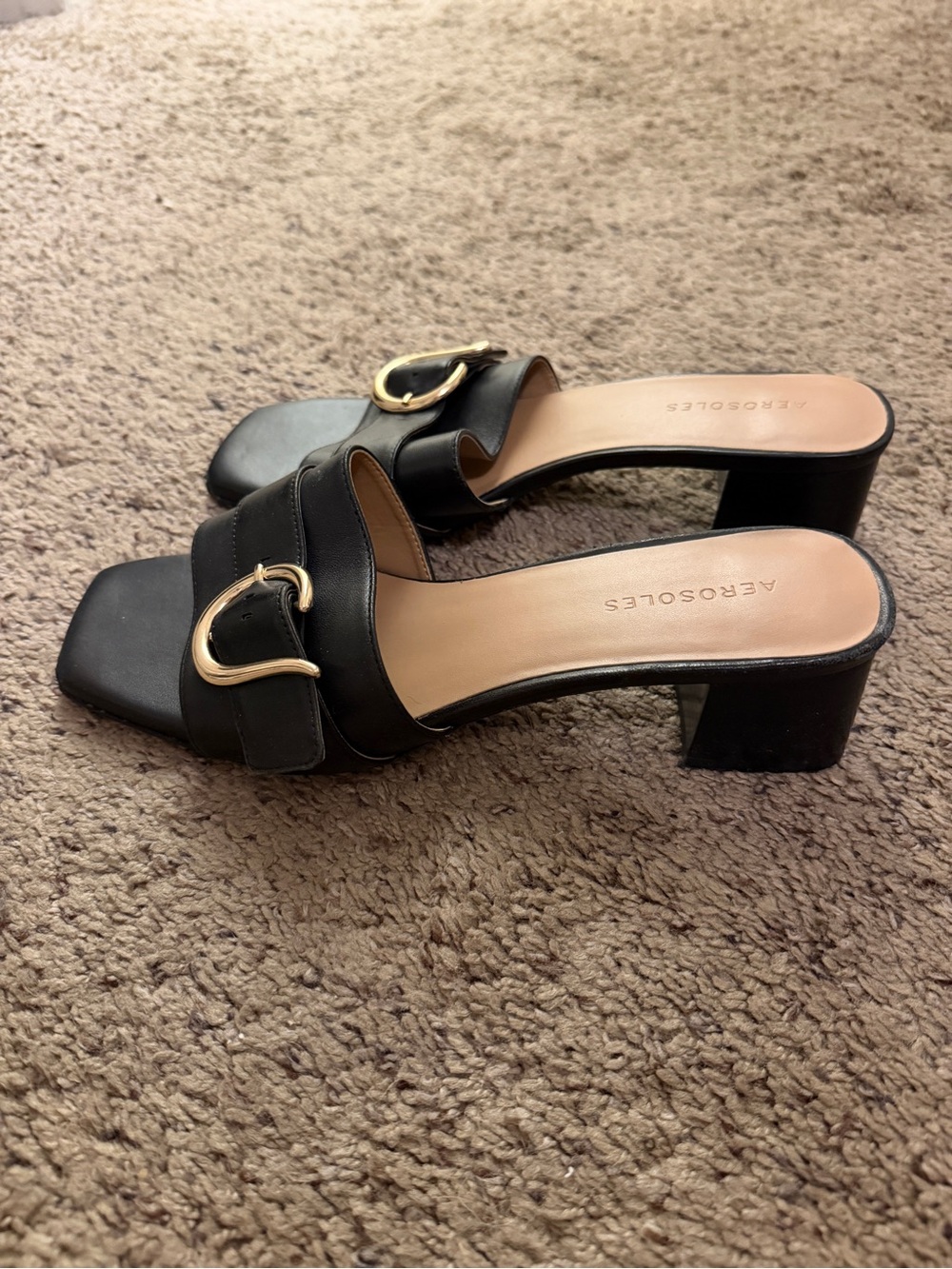AEROSOLES Black Leather Block Heel Slide with Gold Buckle Accent